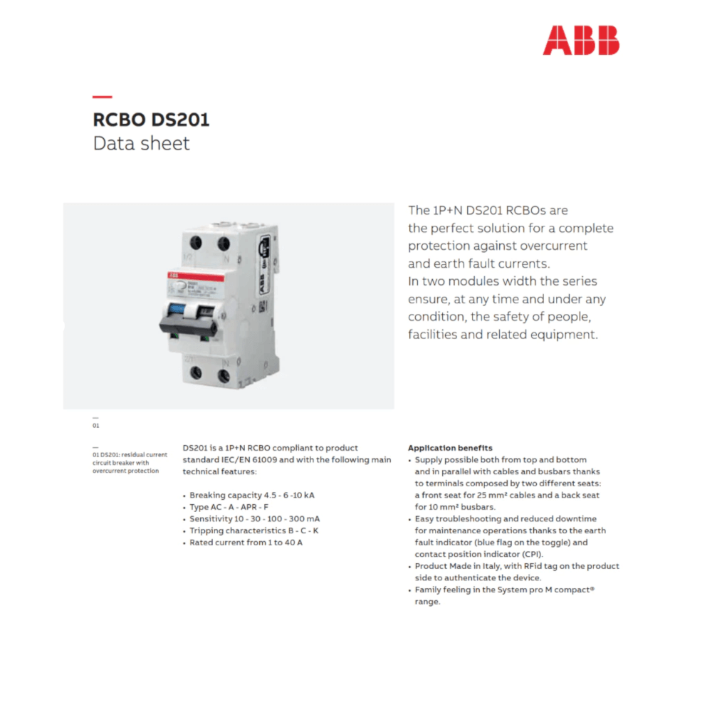 เบรกเกอร์กันดูด RCBO 32 1 POLE + NEUTRAL 6KA TYPE AC ABB รุ่น DS201 C6 AC-30 (ตัดไฟรั่ว 30MA)